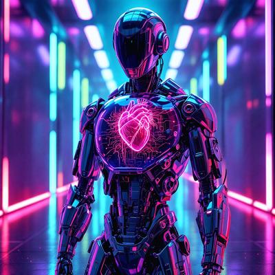 The primary subject of the image is a futuristic robot with a heart-shaped circuit board. The robot is standing in a neon-lit hallway, which creates a vibrant and futuristic atmosphere. The visual style of the image is a combination of digital art and illustration, giving it a unique and captivating appearance. The dominant colors in the image are pink and purple, which are used to emphasize the heart-shaped circuit board and create a sense of warmth and emotion.